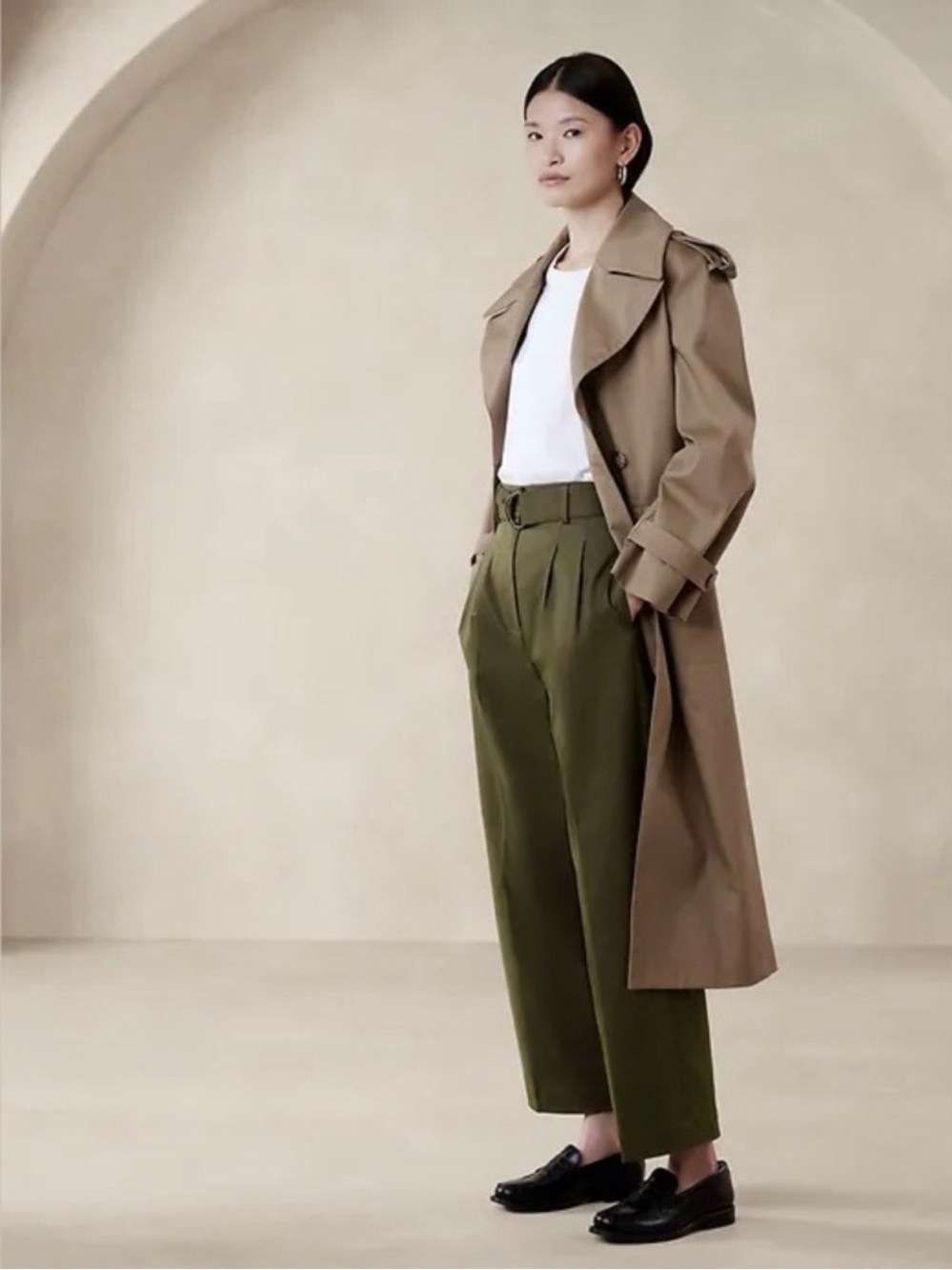 Banana Republic Cruz Pleated Wide-Leg Chino Pant Olive Size 12